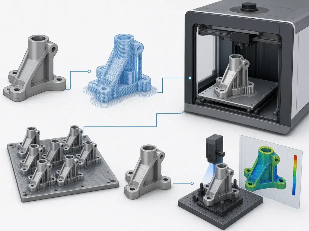 Digital thread linking CAD model, build layout, and inspection states in additive manufacturing