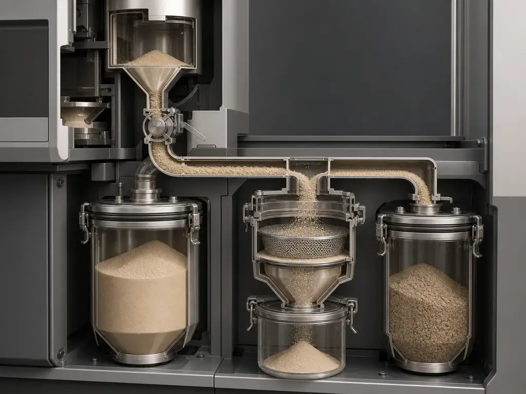 Metal AM powder handling path showing virgin and used powder separation