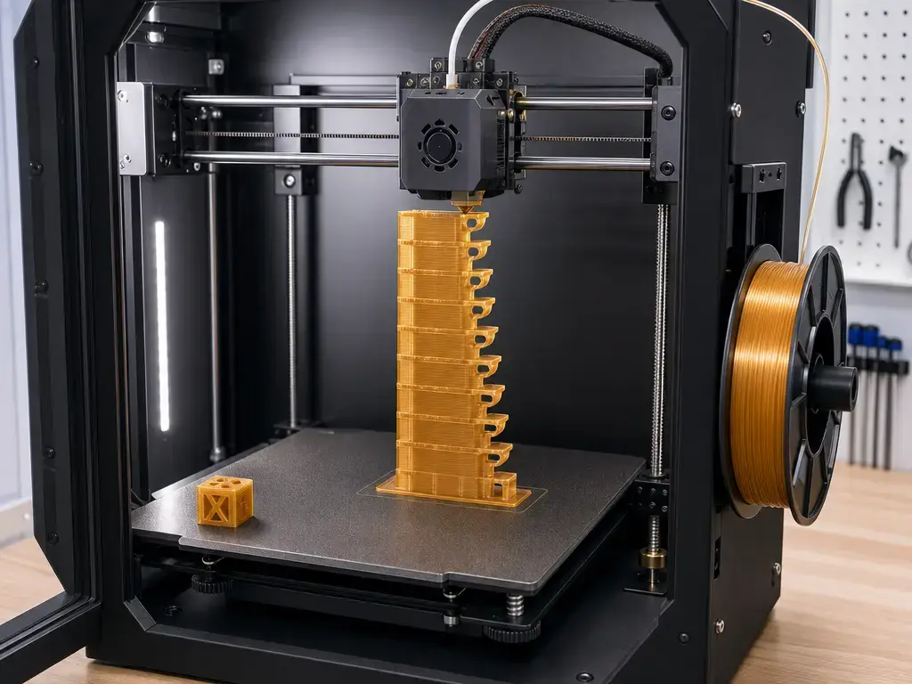 FDM printer making a PLA temperature tower for matte filament calibration