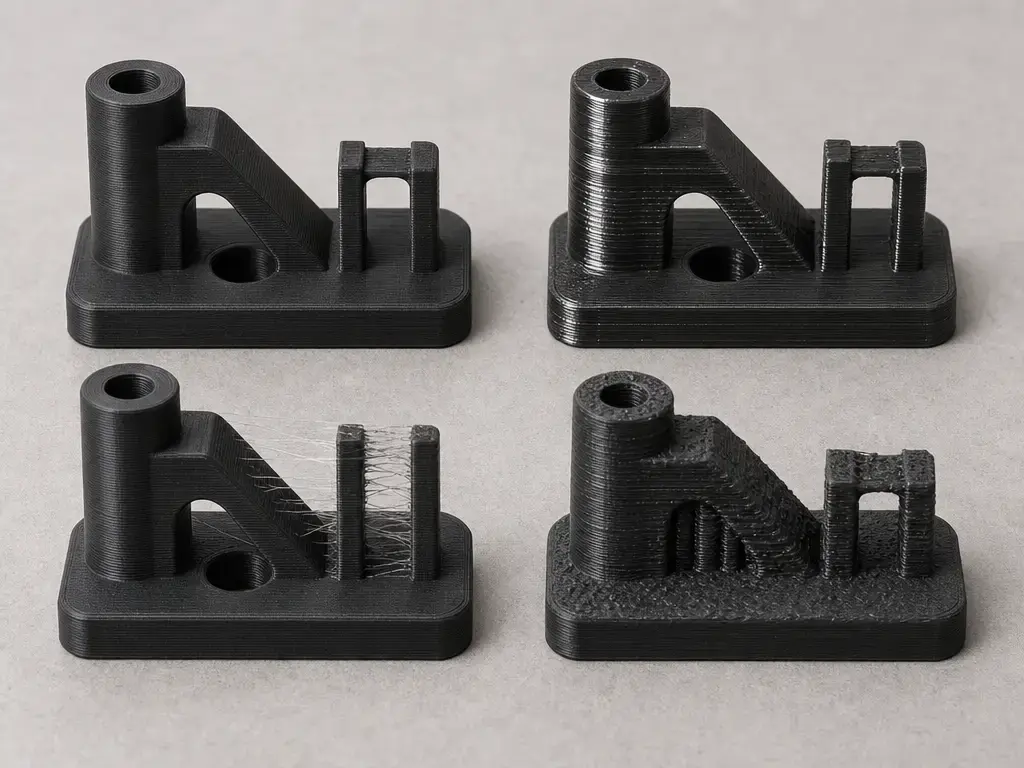 Comparison of matte PLA print defects including glossy banding, stringing, and rough top layers