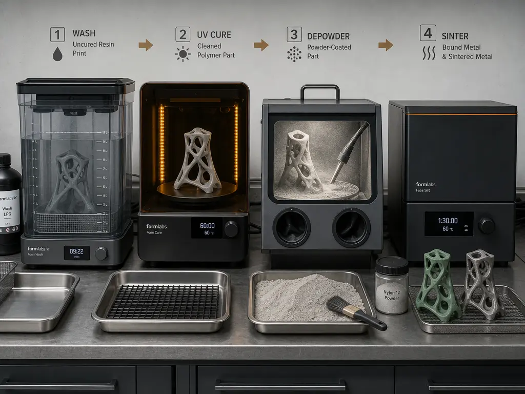 Workflow stages for polymer and metal 3D printing post-processing
