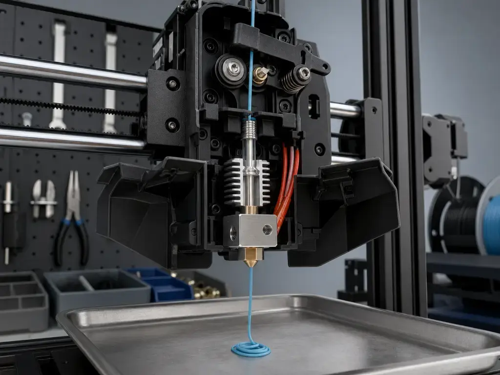 FDM 3D printer hotend during manual purge check for nozzle-clog diagnosis