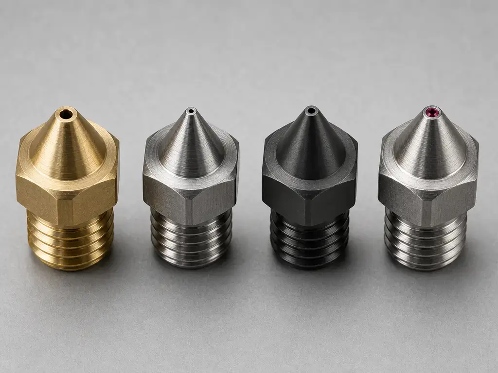 Comparison of common FDM nozzle types including brass, hardened steel, and ruby-tipped designs
