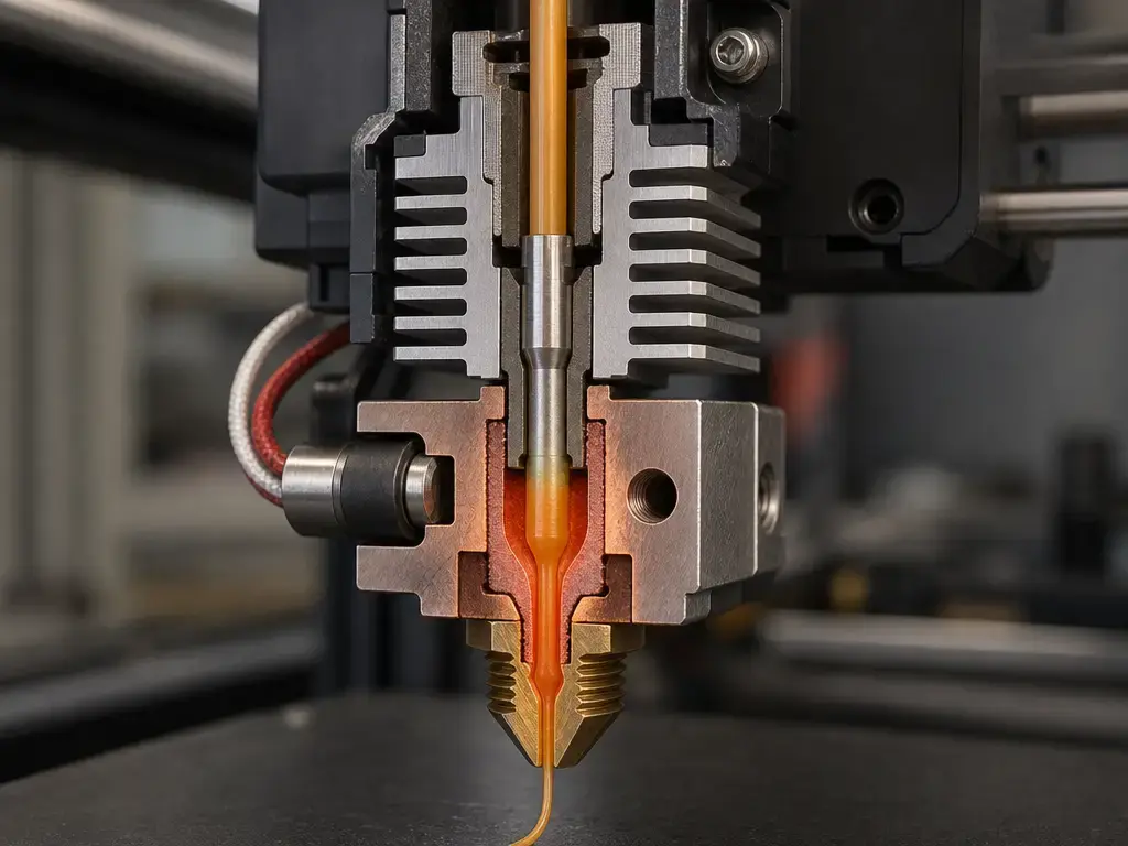 Cutaway of FDM hotend showing melt zone, heatbreak, and nozzle orifice restriction