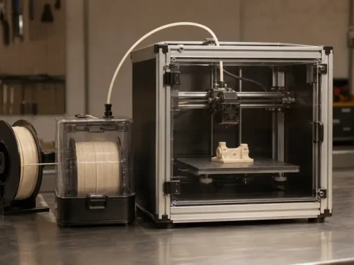 Nylon filament feeds from a dry box into an enclosed 3D printer beside a partly printed test part