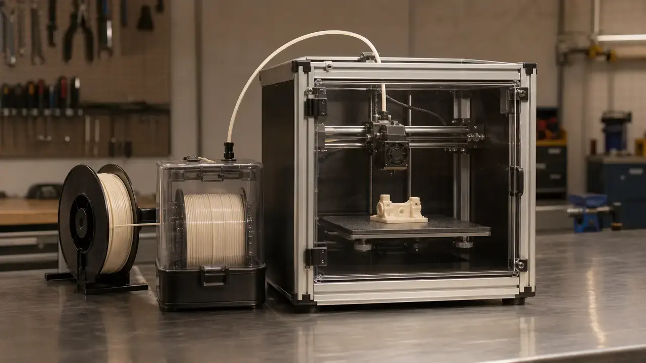Nylon filament feeds from a dry box into an enclosed 3D printer beside a partly printed test part
