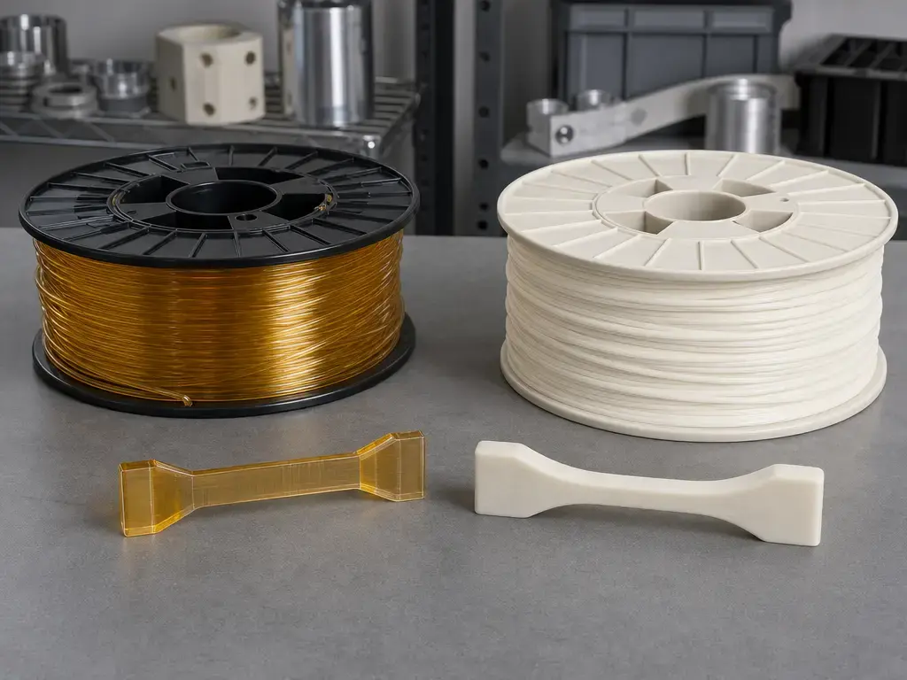 Two filament spools labeled by appearance, one PETG and one nylon, with sample print coupons