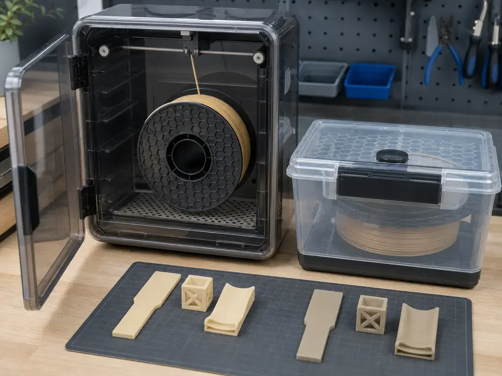 Filament dryer, sealed storage, and printed coupons illustrating moisture effects on nylon