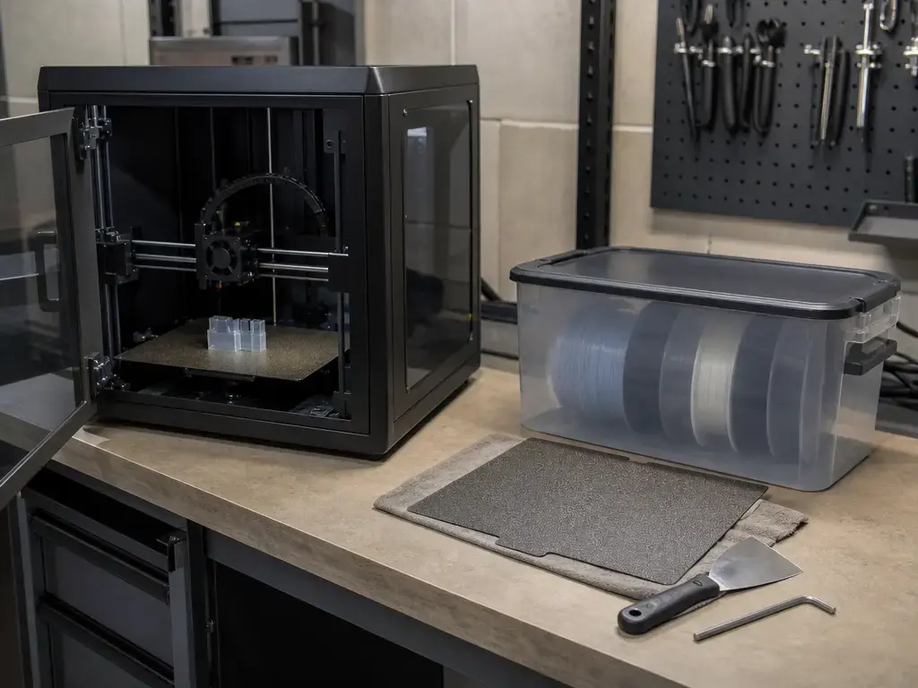 Enclosed printer, build surface sample, and storage box showing a nylon-and-PETG print setup