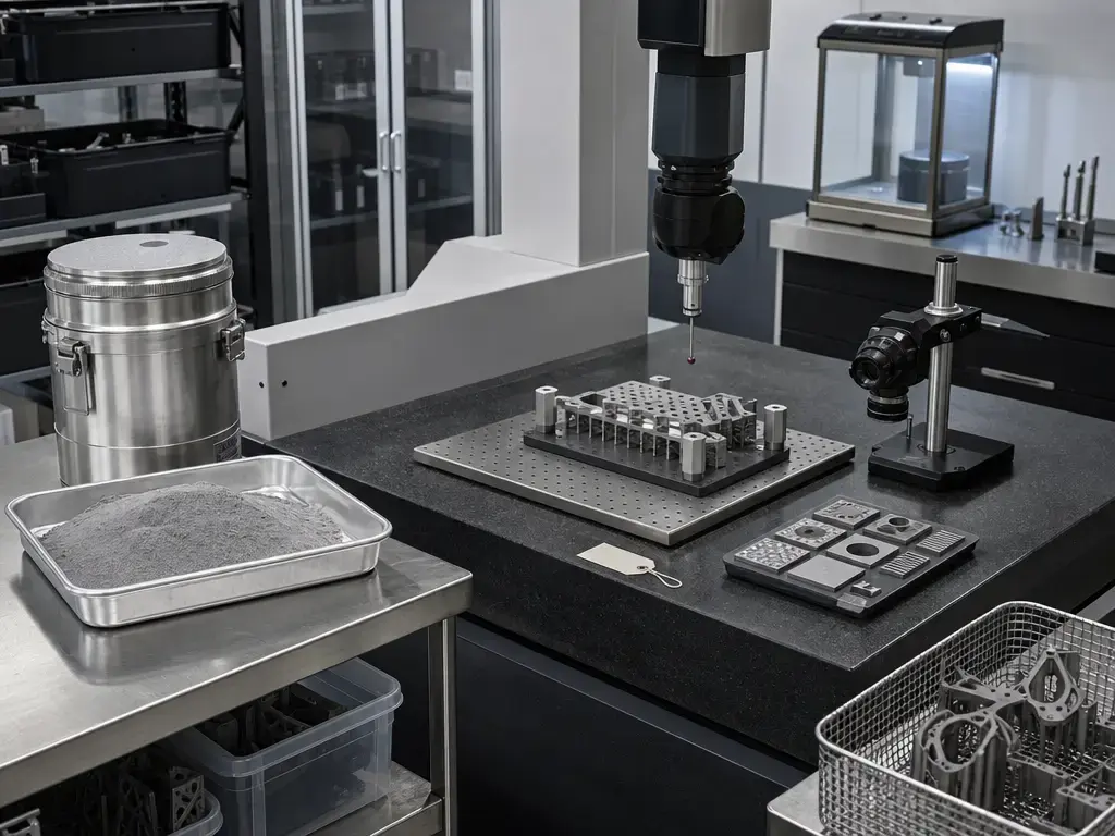 3D printing QA metrology setup with test coupon and inspection tools