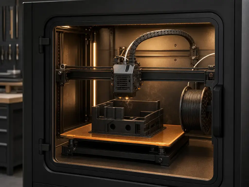 Enclosed FDM printer producing a PC-ABS part on a heated bed