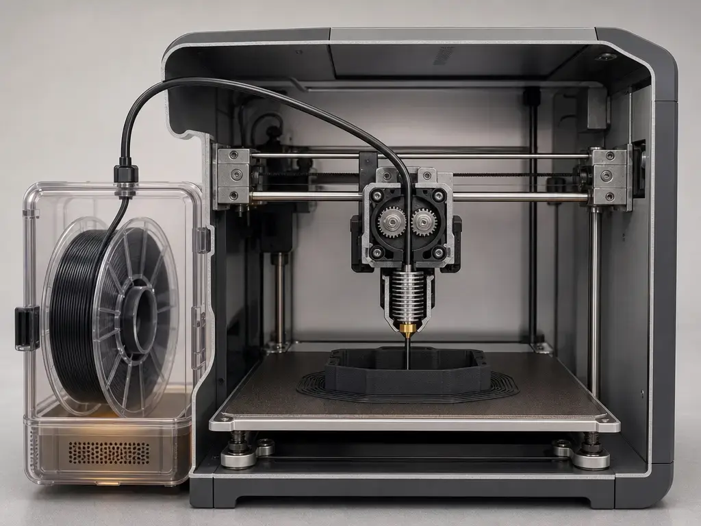 PC-ABS print setup with dried filament feed and brimmed first layers