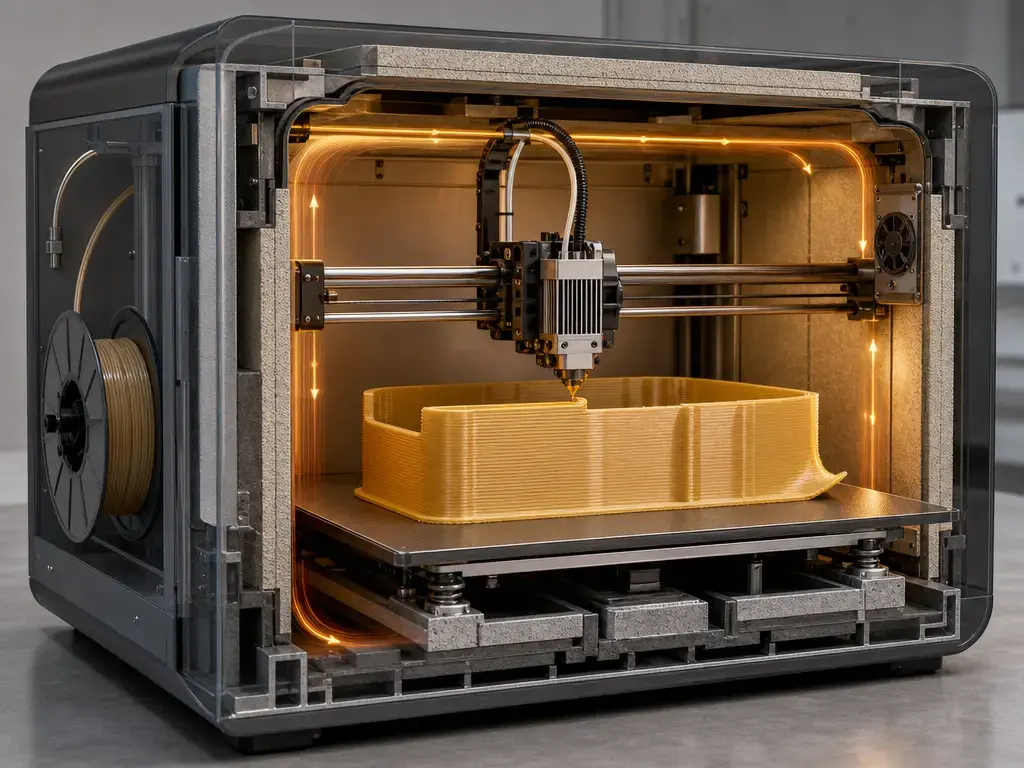PEI filament extruding in a heated chamber during high-temperature printing