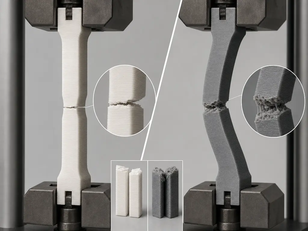 PLA vs PETG strength comparison in a tensile test cutaway