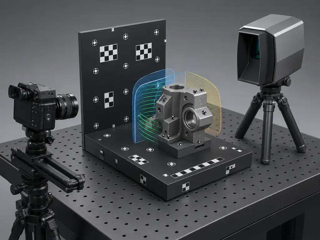 Metrology setup comparing photogrammetry and LiDAR accuracy with targets and scale bars