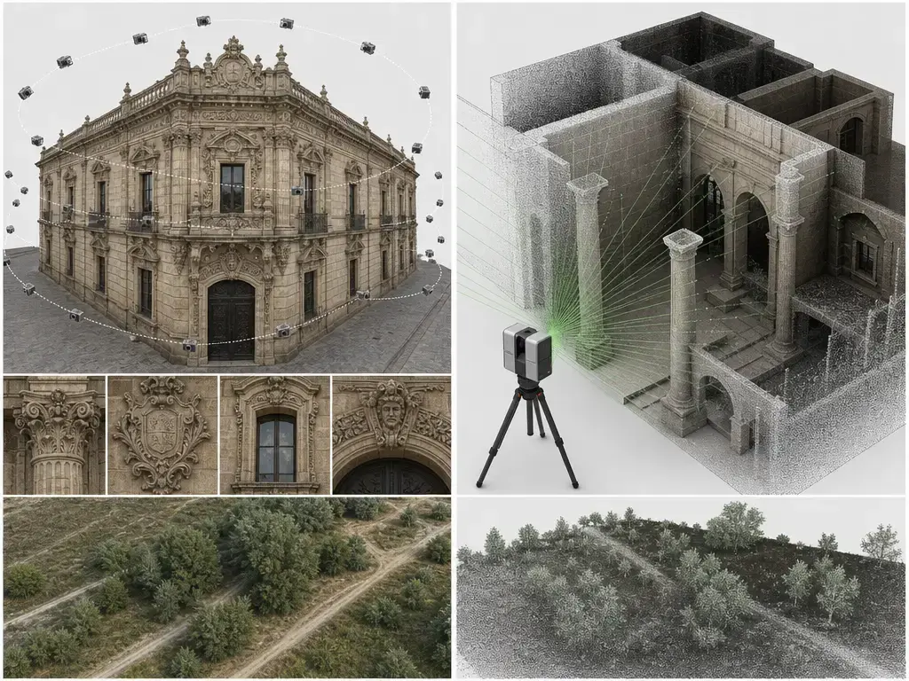 Comparison layout showing photogrammetry for textured facades and LiDAR for occluded interiors