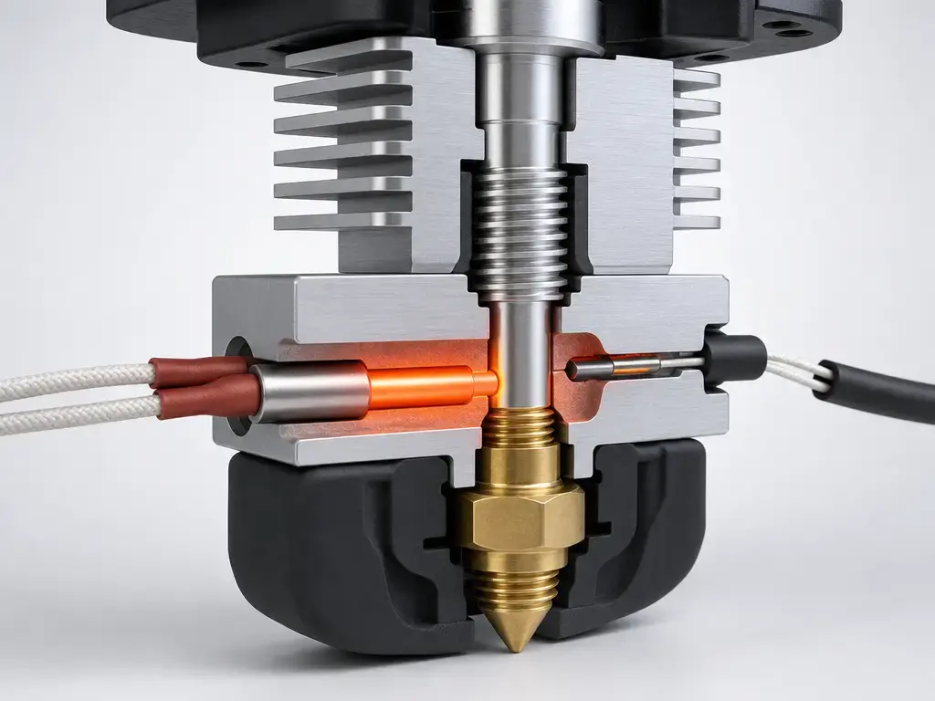 FFF hotend cutaway showing heater cartridge and thermistor for PID tuning