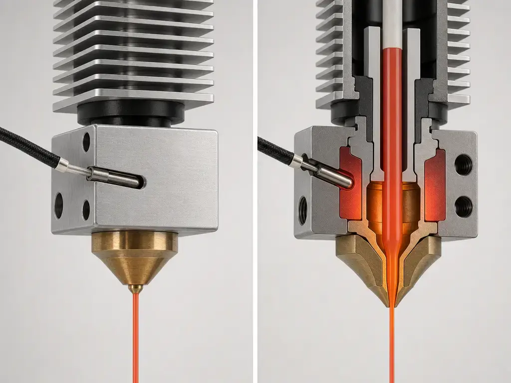Comparison of heater-block sensor location and melt path in a PID-tuned hotend