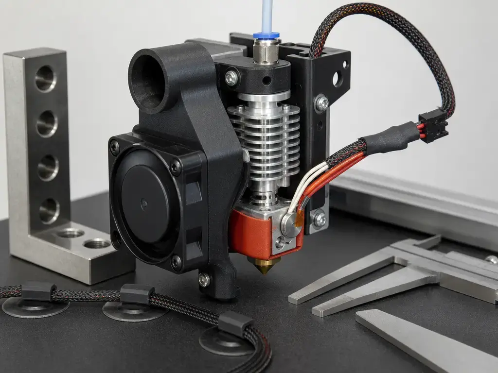 Hotend inspection setup showing fan duct alignment and thermistor wiring for troubleshooting