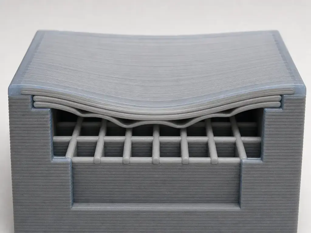 Cutaway of FDM top layers sagging over sparse infill in a pillowing defect
