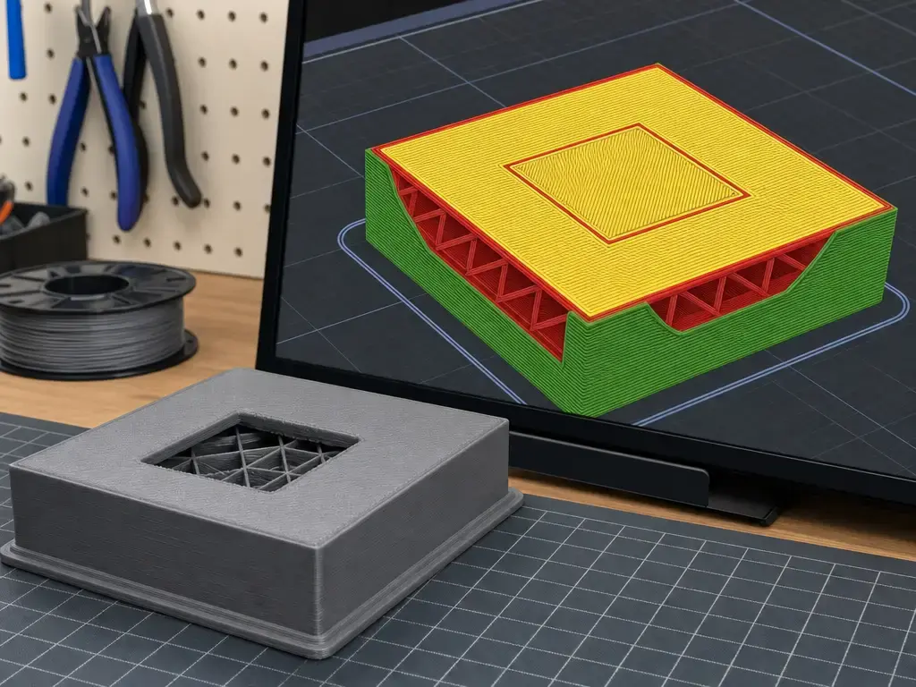 Slicer preview and test print used to diagnose central top-surface pillowing