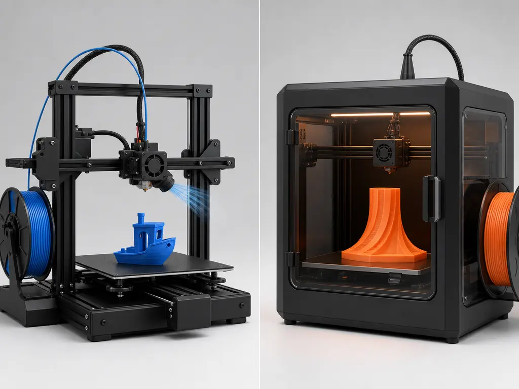 Side-by-side PLA and ABS desktop 3D printing setups with cooling and enclosure differences.