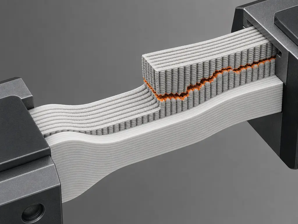 Cutaway of printed layers showing anisotropy and Z-direction weakness in PLA and ABS.
