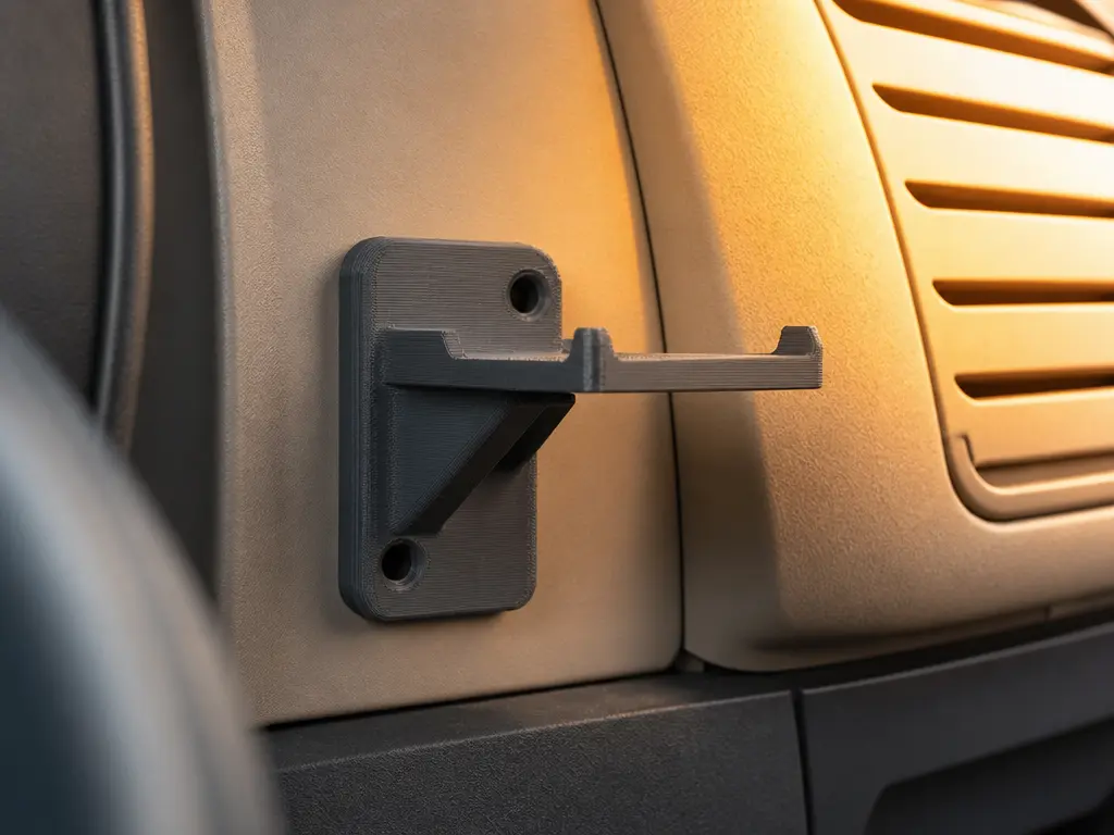 Printed bracket near a warm interior surface illustrating PLA and ABS heat resistance limits.