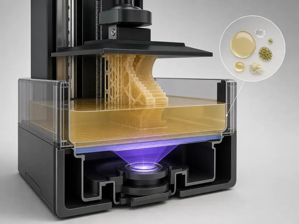 Cutaway of a plant-based resin vat photopolymer printer curing layers