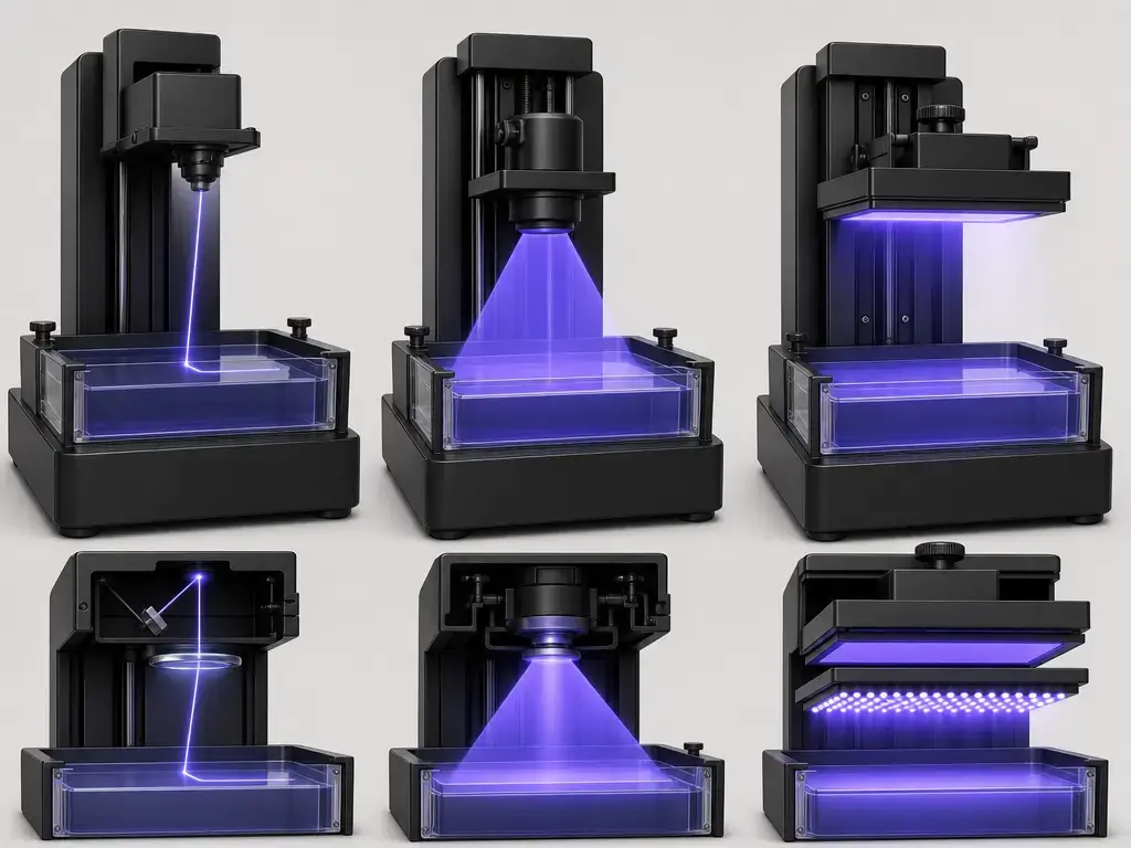 Comparison of SLA, DLP, and MSLA/LCD resin printer light paths