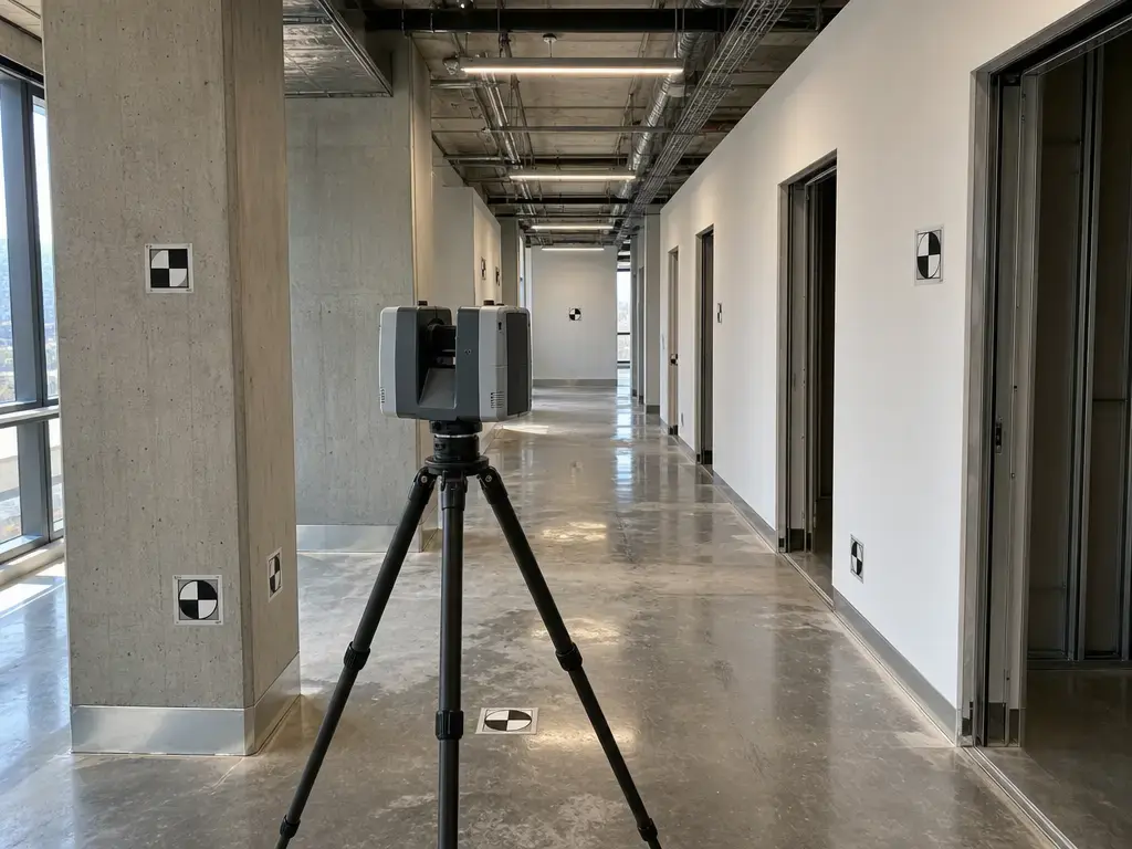 Terrestrial laser scanning setup in a building corridor for scan-to-BIM capture