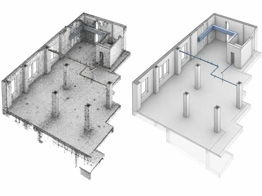 Point cloud aligned with object-based BIM model of an interior space