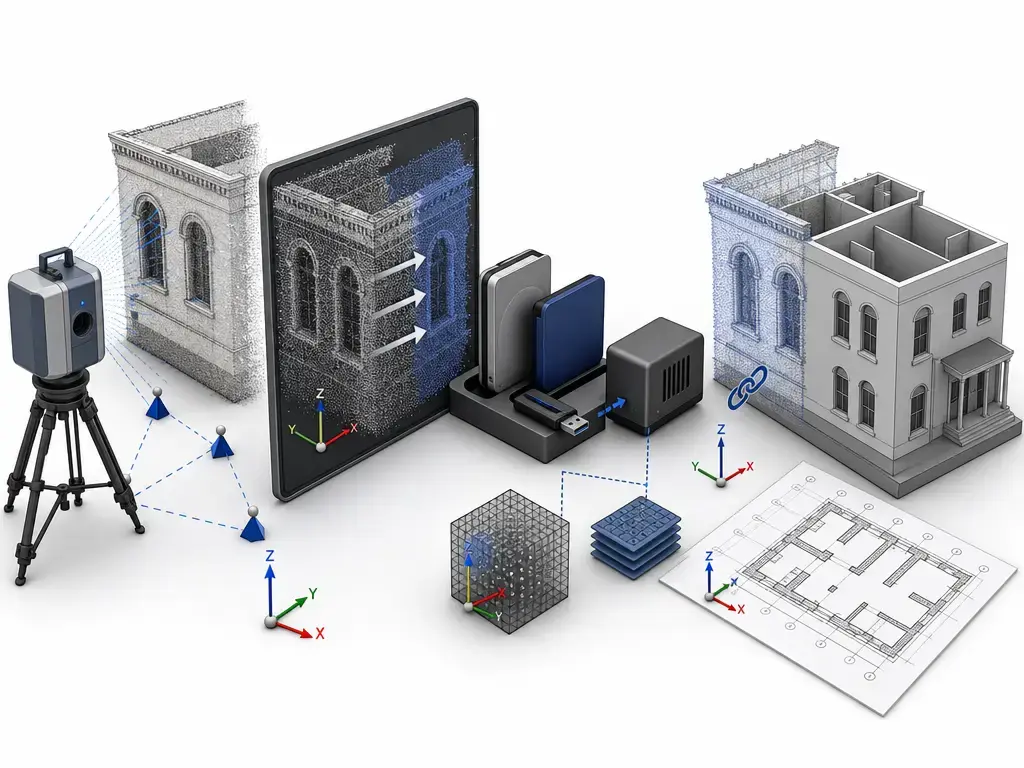 Point cloud to Revit workflow showing scanning, registration, conversion, and linked modeling