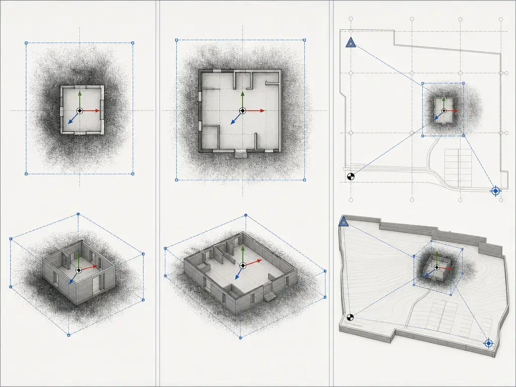 Comparison of point cloud placement using internal origin, project base point, and survey point