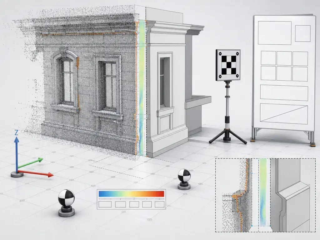 Metrology setup for point cloud QA against a Revit model and calibration targets