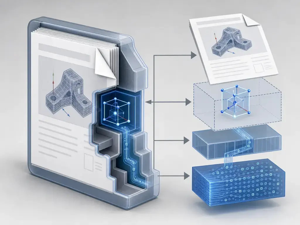 Cutaway of a 3D PDF container showing an embedded PRC stream