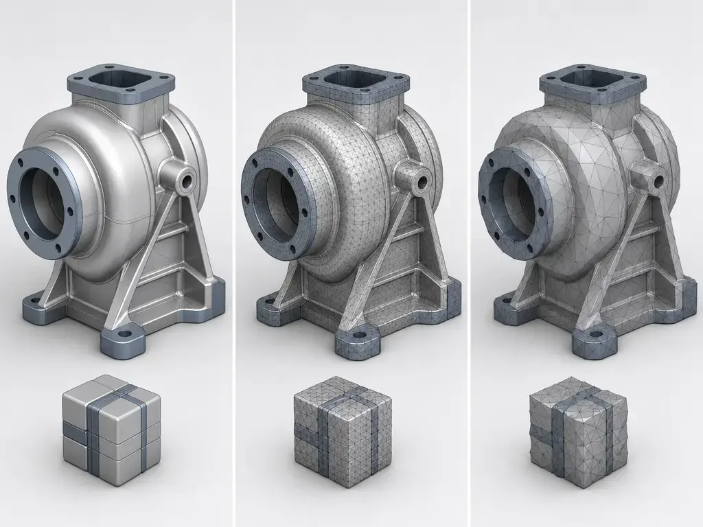 Comparison of PRC geometry modes showing B-rep, tessellation, and mesh-only data