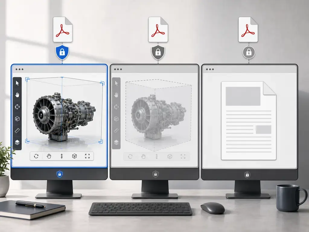 Workflow scene of a PRC-based 3D PDF opening in viewers with enabled and disabled 3D support
