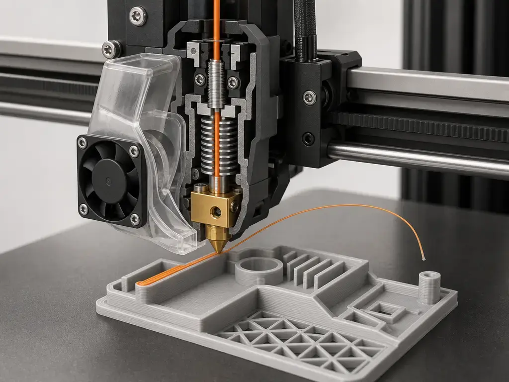 FFF print head depositing filament with a separate travel move above a partially printed part