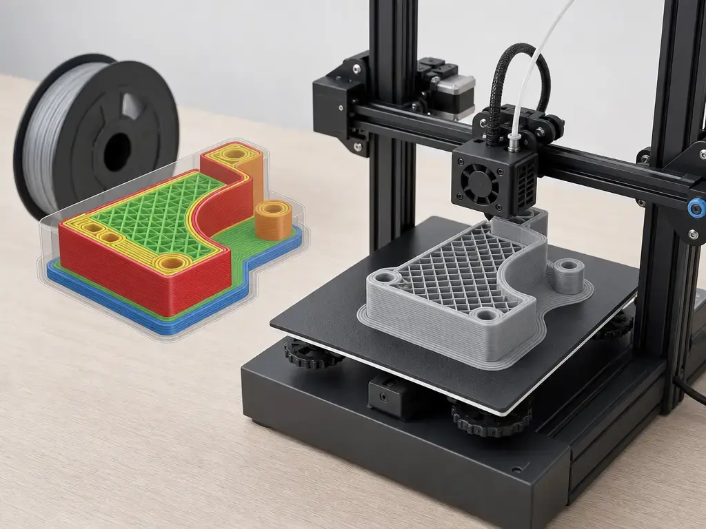 Sliced model and printed part showing walls, infill, and top layers for print speed settings