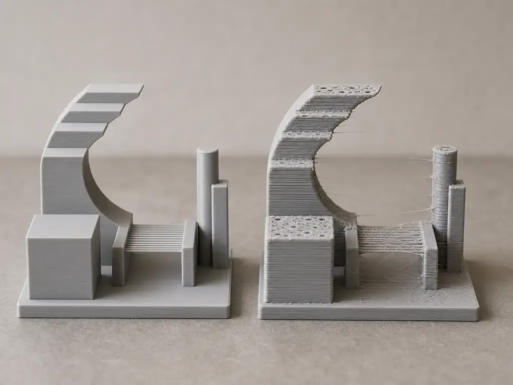 Comparison of printed parts showing ringing, stringing, and under-extrusion from excessive speed