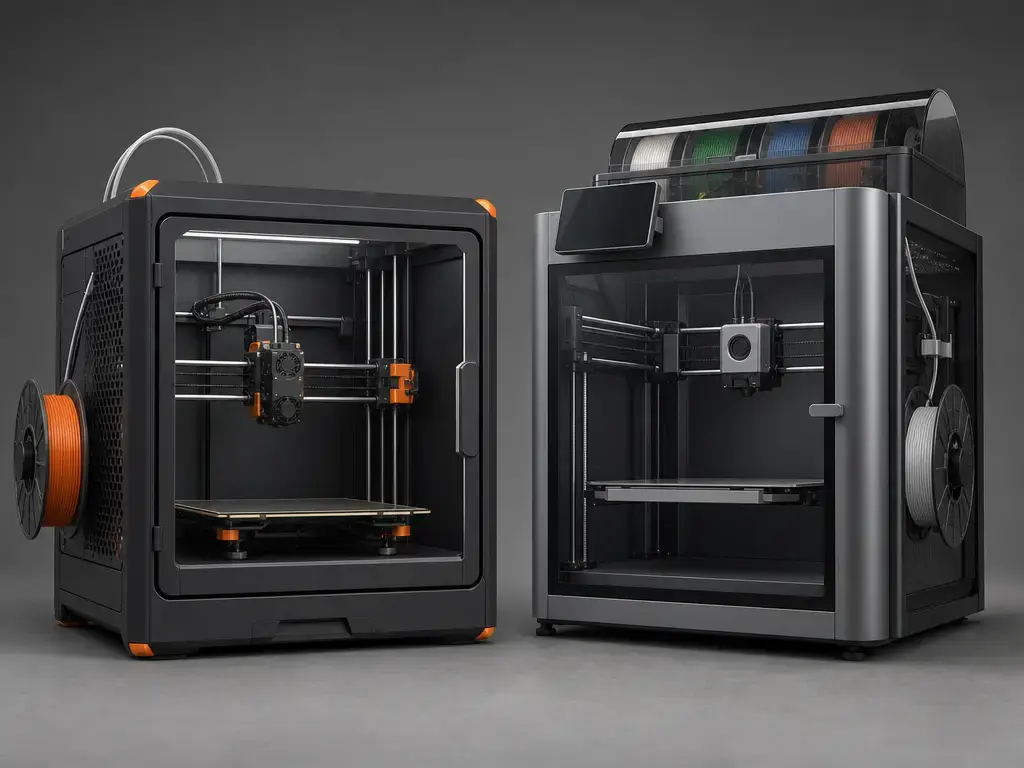 Side-by-side enclosed CoreXY 3D printers showing chamber layout and filament handling