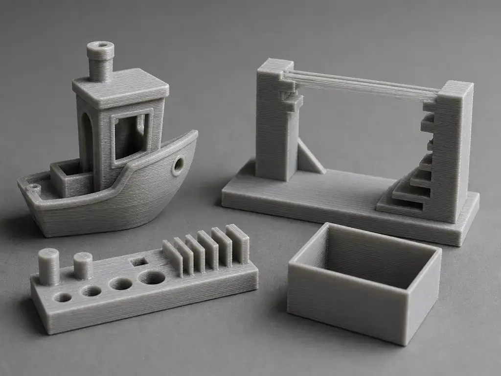 3D printer test artefacts showing surface finish, bridges, and dimensional detail