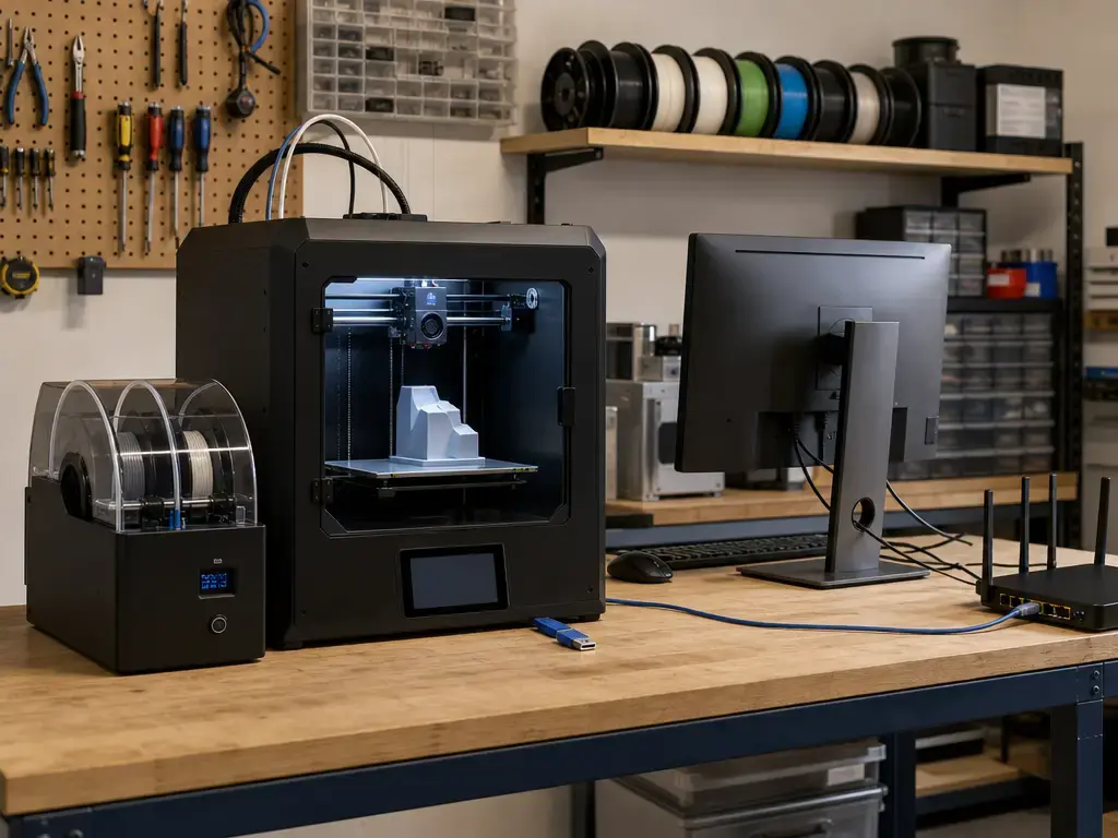 Local 3D printing workflow with printer, workstation, network connection, and material feeder