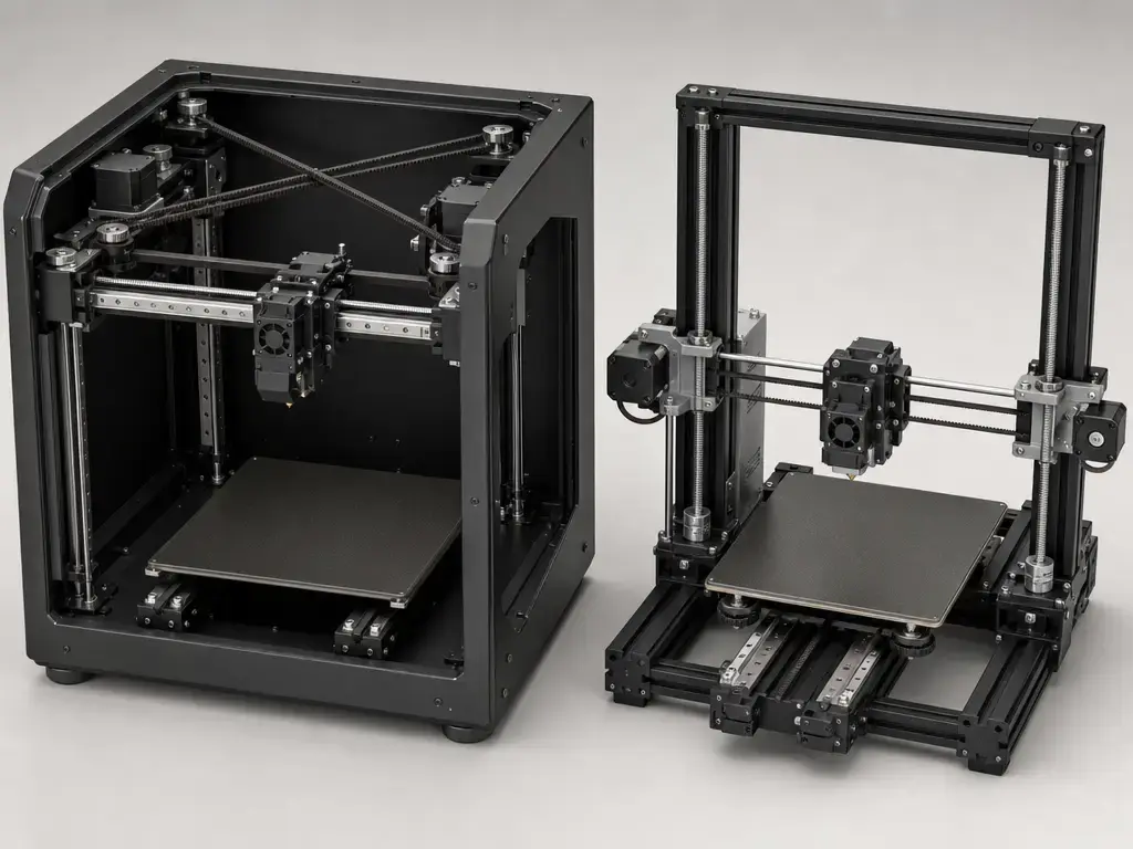 CoreXY and bedslinger 3D printer motion layouts shown in a technical cutaway