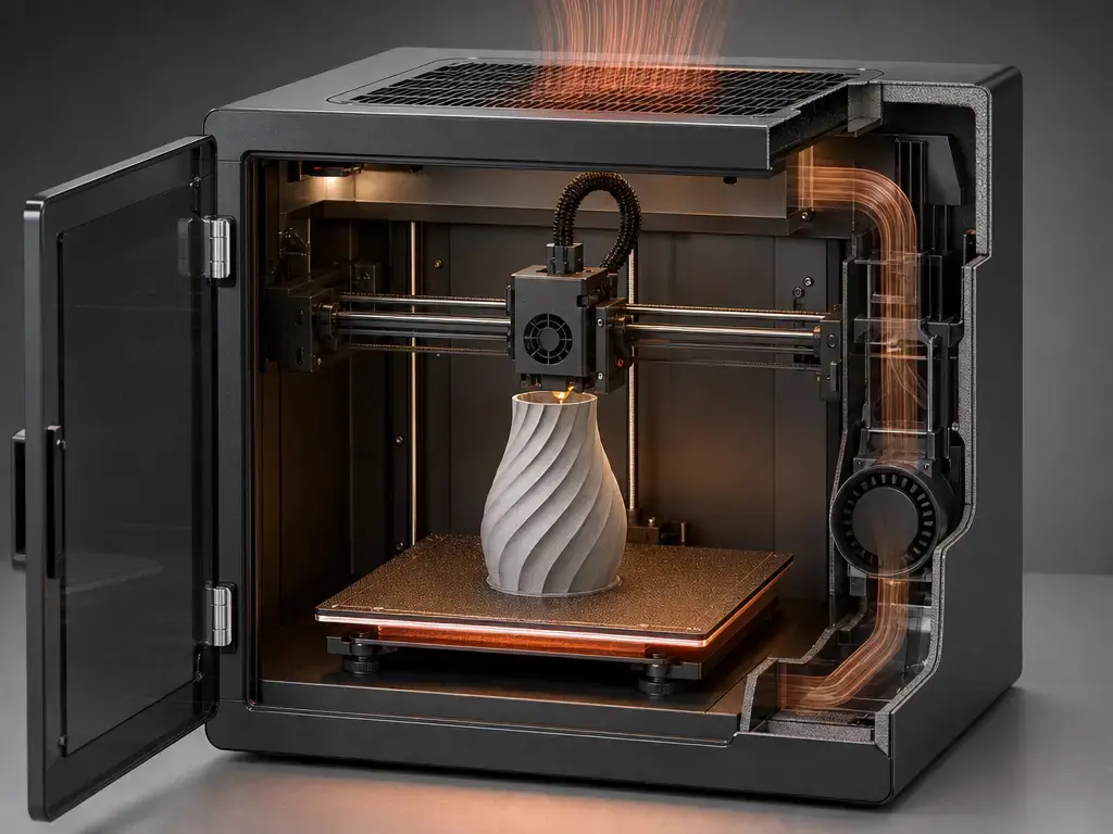 Enclosed 3D printer chamber with open door, heatbed, and top vent