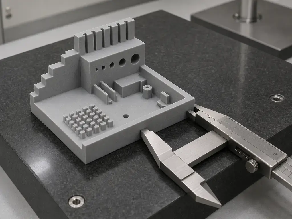 Dimensional test artefact measured on a reference plate with calipers