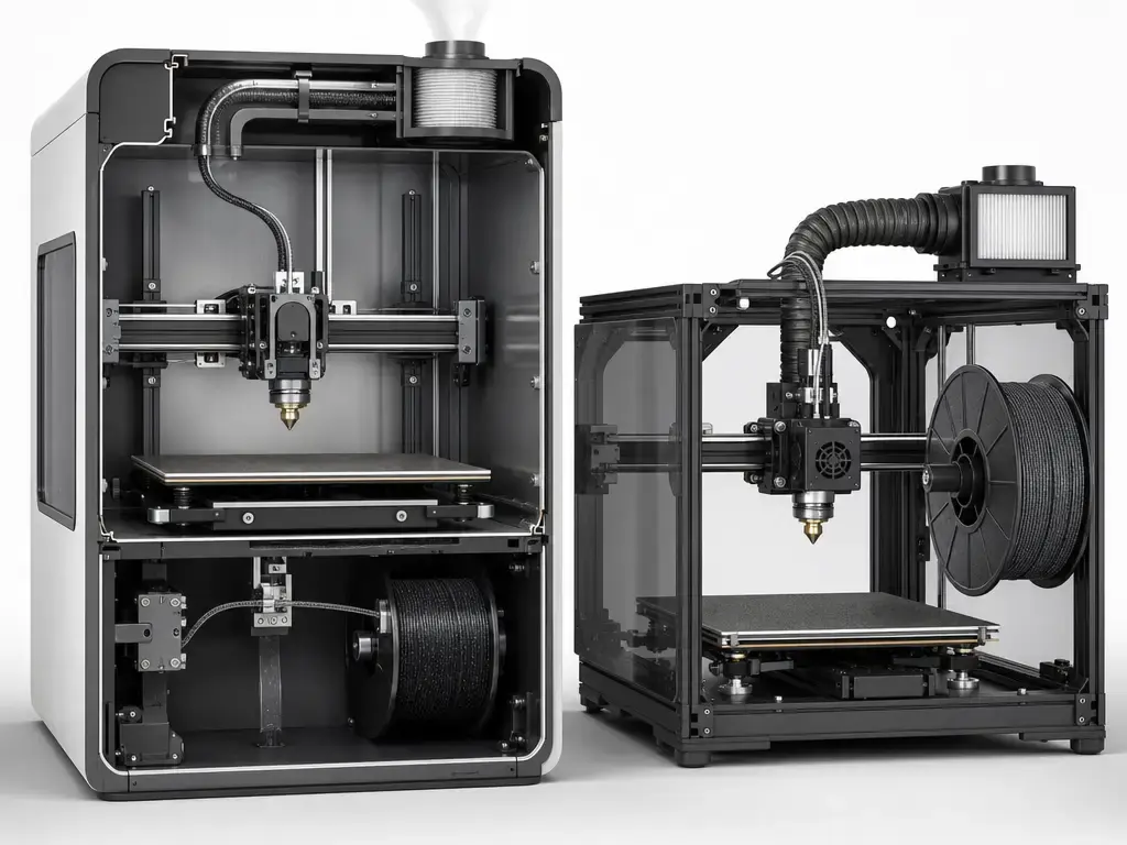Cutaway of enclosure and hardened nozzle setup for 3D printer materials