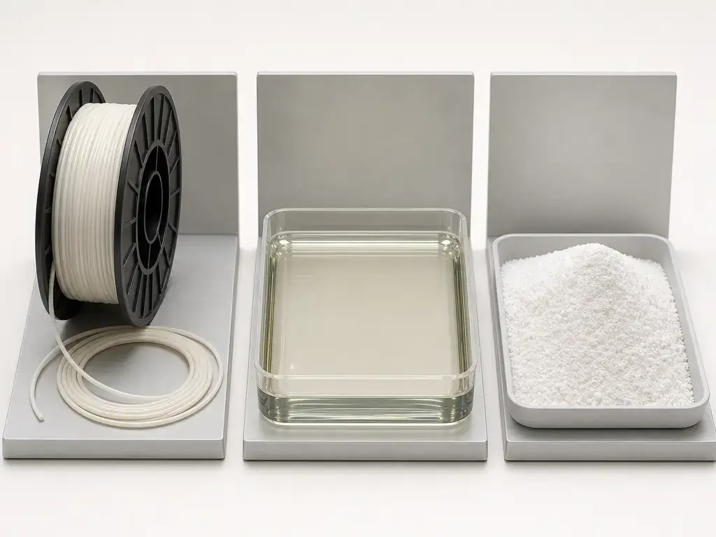 Comparison of filament, resin, and powder feedstocks for additive manufacturing