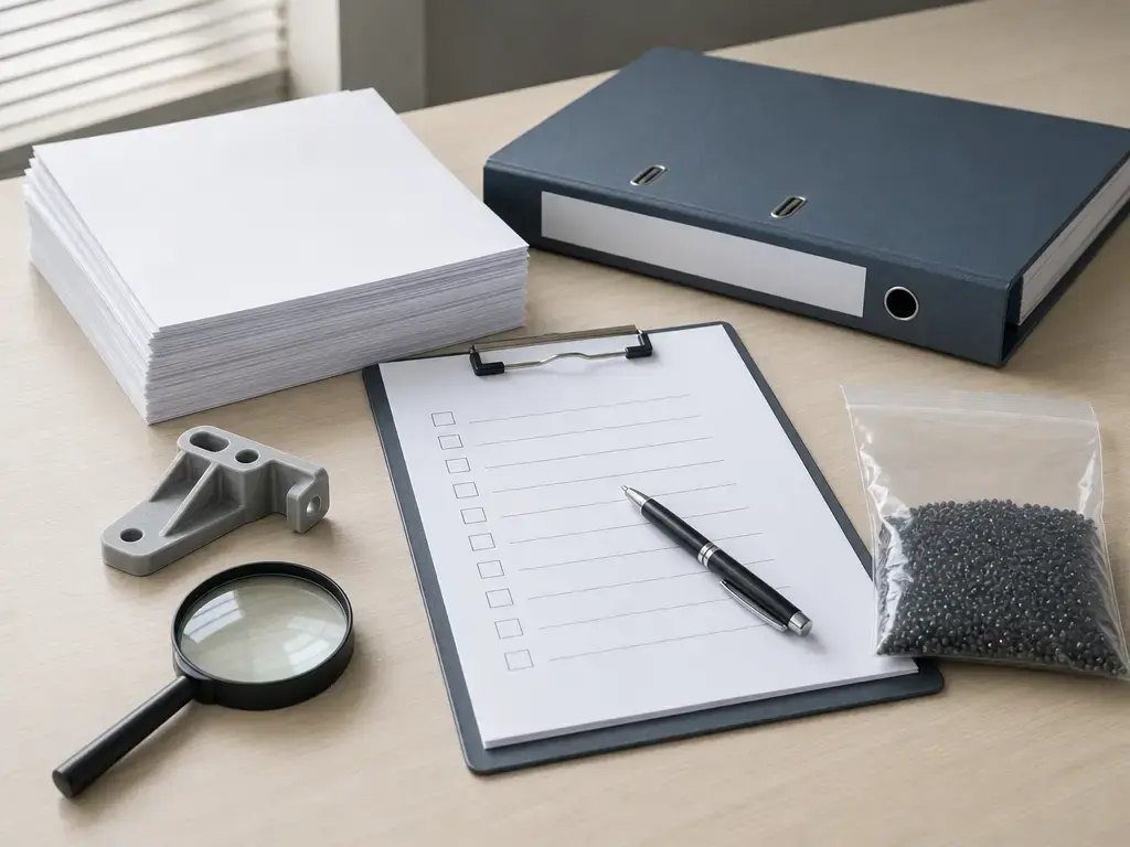 Procurement workflow reviewing additive manufacturing material documents for EU compliance